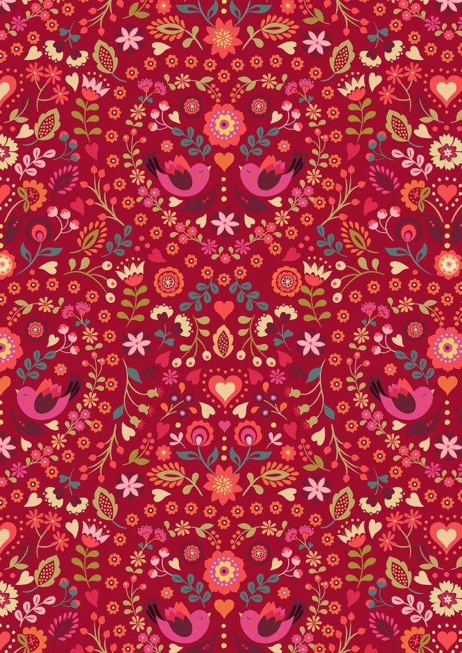 H173281 Little Bird floral heart on red