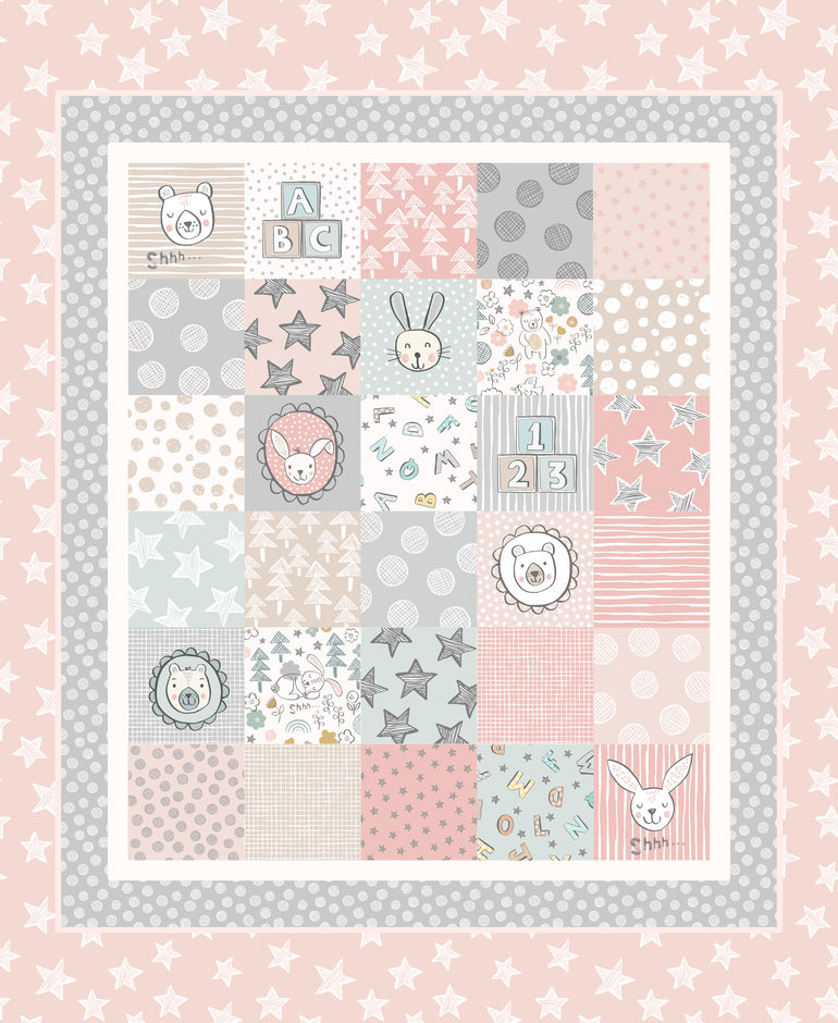 H173715 Bella Bunny & Bear cot quilt panel pink