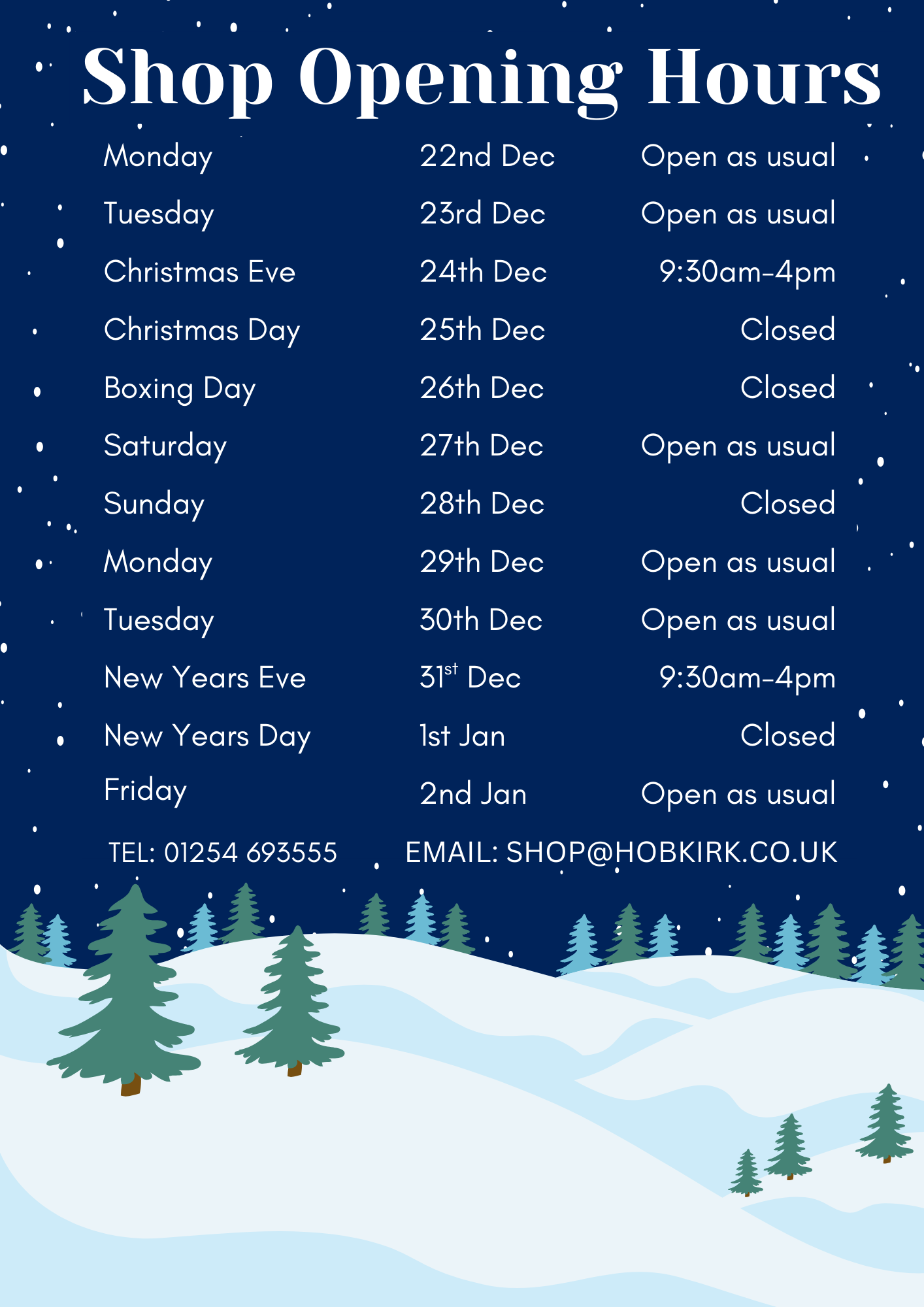Christmas Opening Hours / Dispatch Dates 2025 - 2